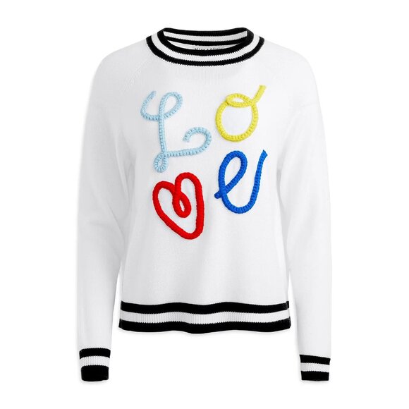 NWT Alice + Olivia Albina in Soft White Black LOVE Wool Pullover Sweater S $440 - Picture 1 of 6